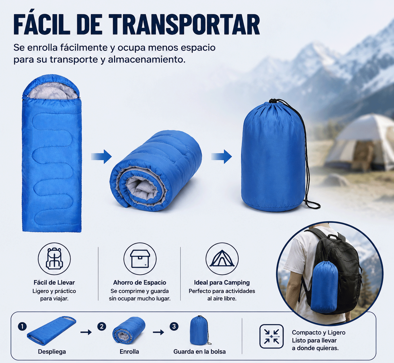 Saco de Dormir de Poliéster, Aislamiento Térmico para Camping y Senderismo, Diseño Portátil