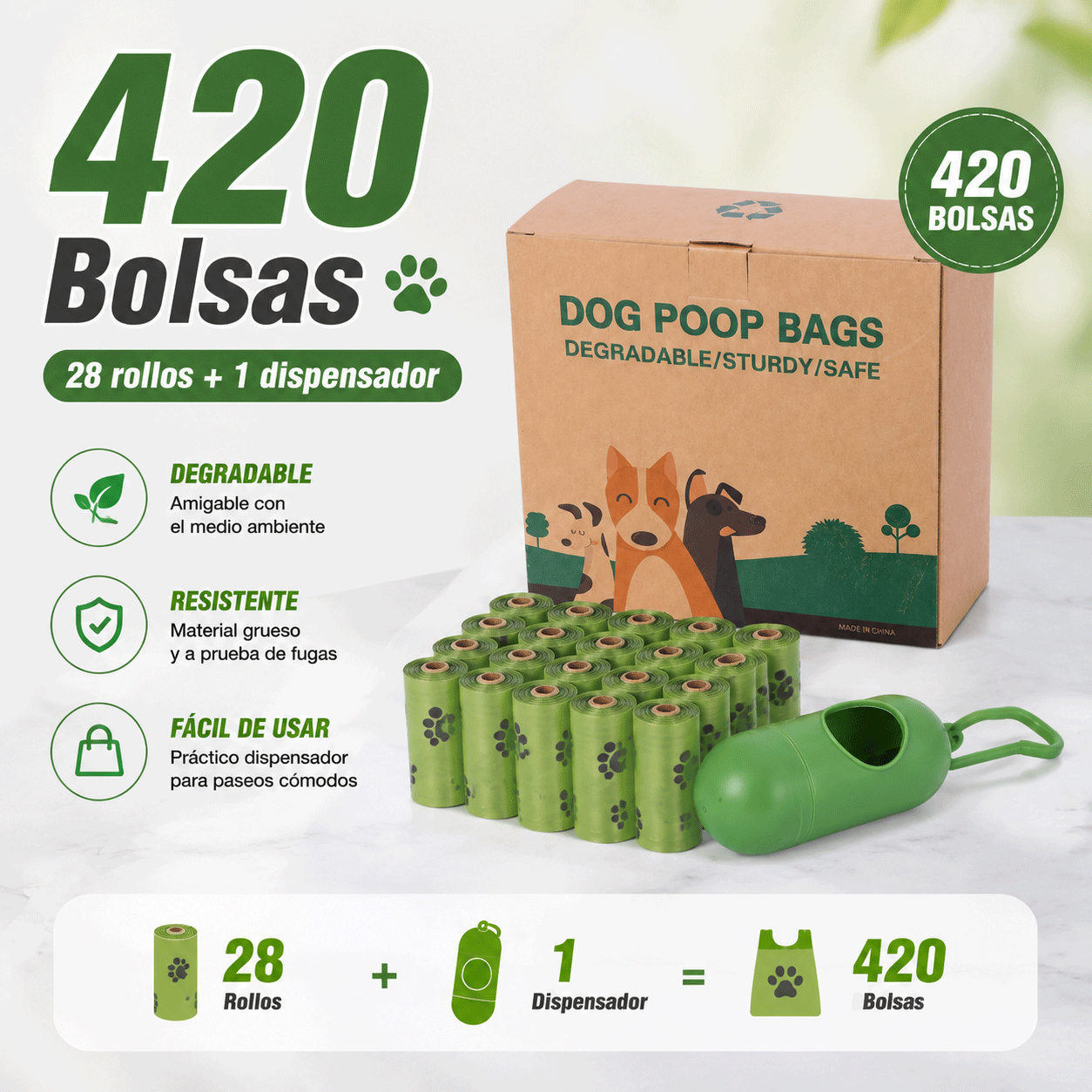 Bolsas Biodegradables para Desechos de Mascotas con Dispensador
