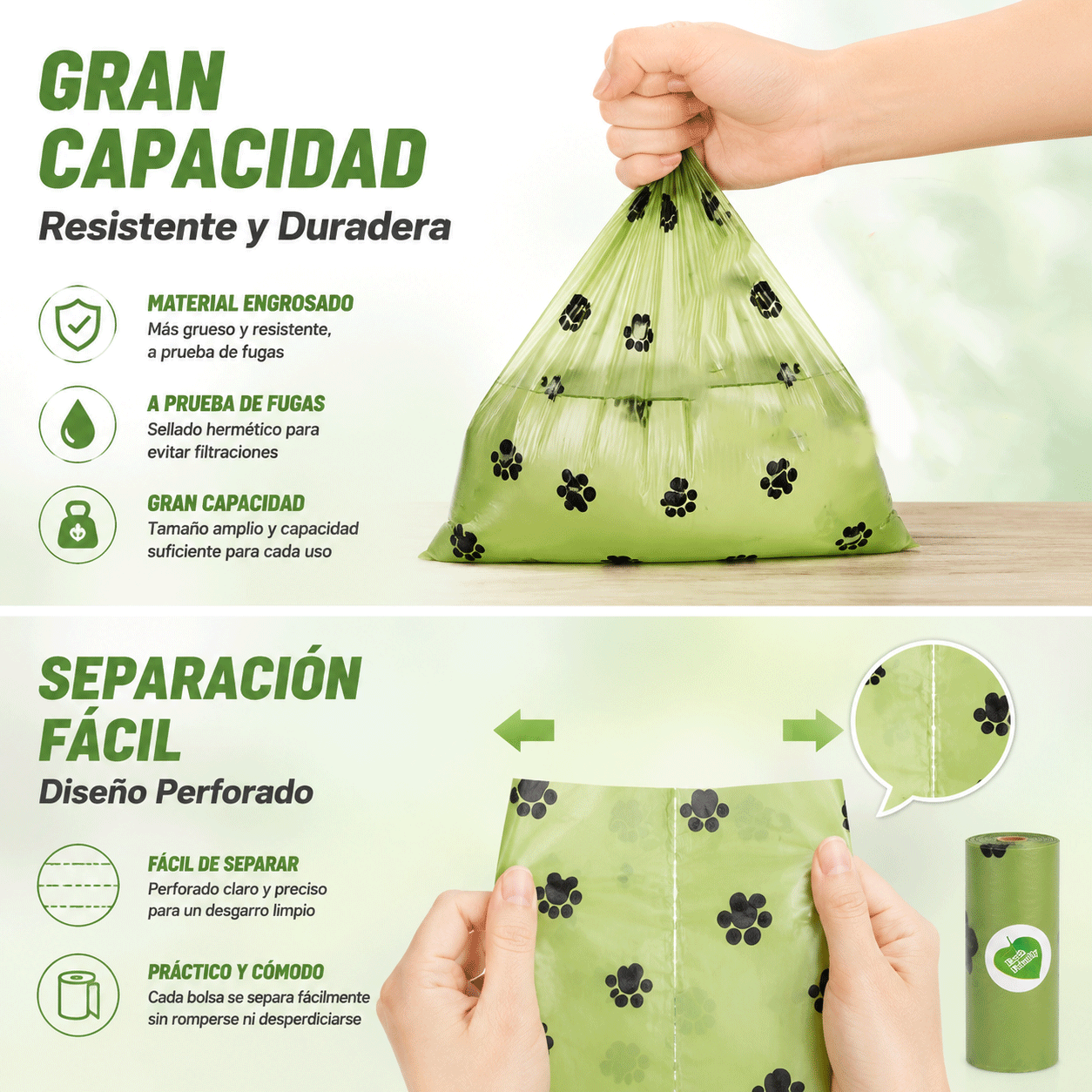 Bolsas Biodegradables para Desechos de Mascotas con Dispensador