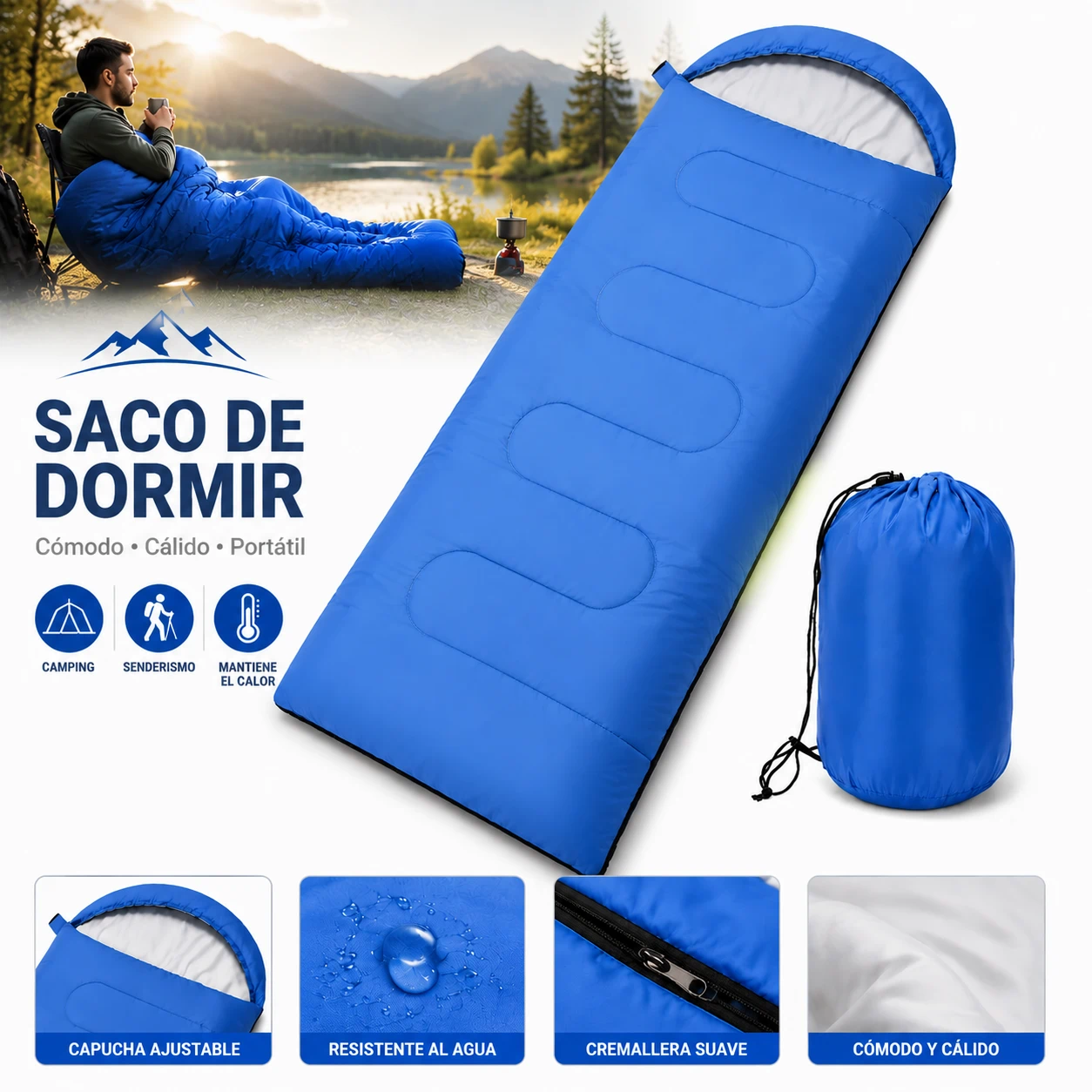 Saco de Dormir de Poliéster, Aislamiento Térmico para Camping y Senderismo, Diseño Portátil