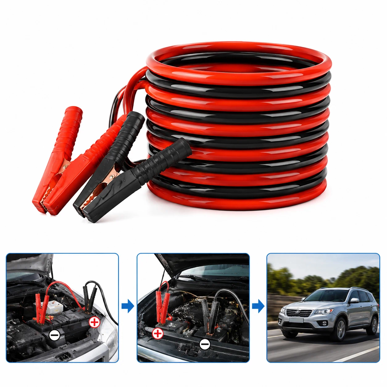 Cables Pasa Corriente de Cobre Reforzado, Arranque de Emergencia para Auto y Camioneta