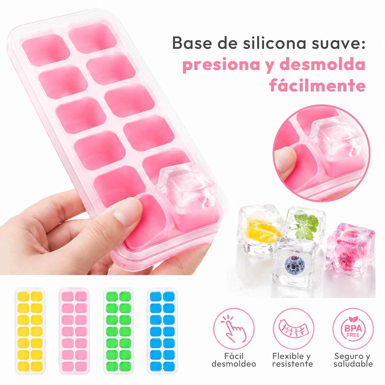 Molde para Cubos de Hielo de Silicona con Tapa, Desmoldado Fácil para Cocina y Bebidas