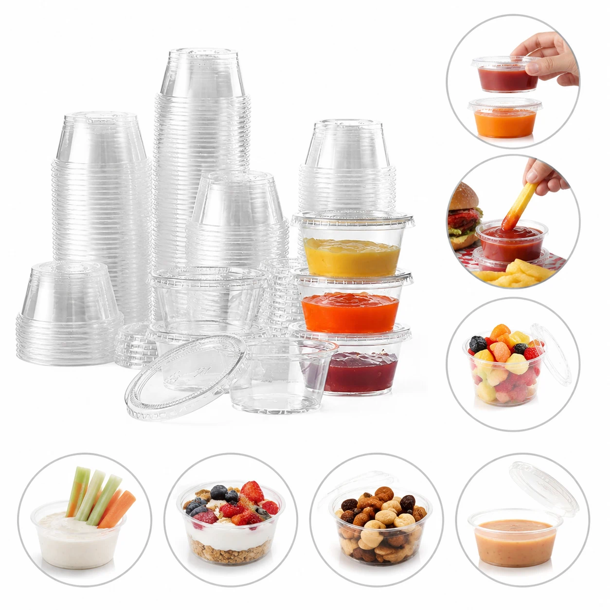 Vasos Soufflé con Tapa de Plástico, Recipientes para Salsas y Complementos