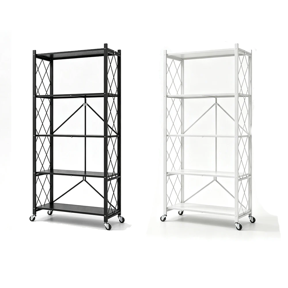 Estante Plegable de Acero para Cocina con Ruedas, 5 Niveles, 162×34×71cm