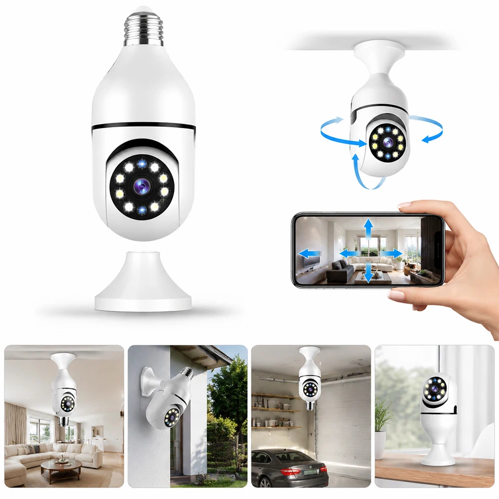 Cámara de Seguridad WiFi Tipo Bombilla E27, Visión Nocturna 360°