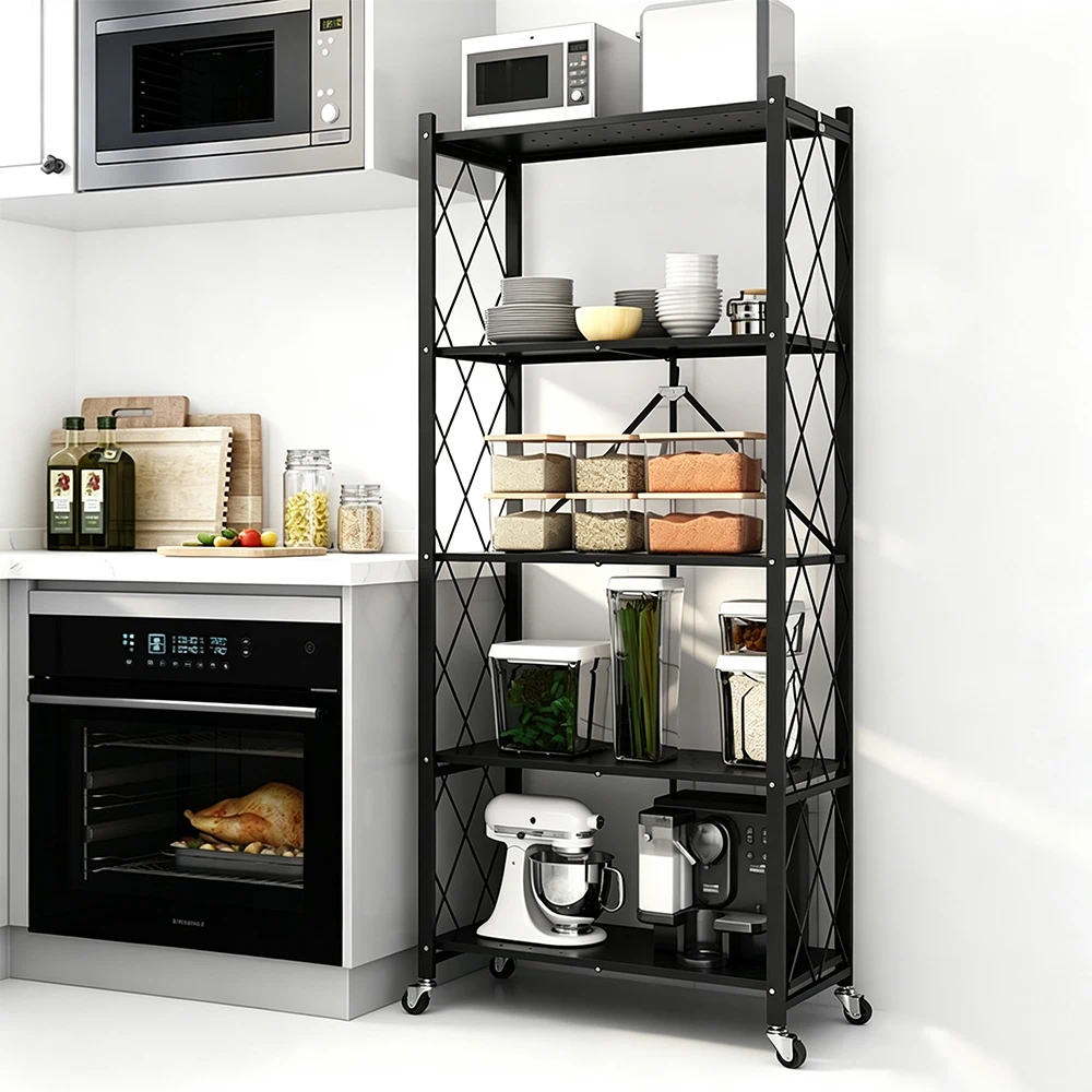 Estante Plegable de Acero para Cocina con Ruedas, 5 Niveles, 162×34×71cm