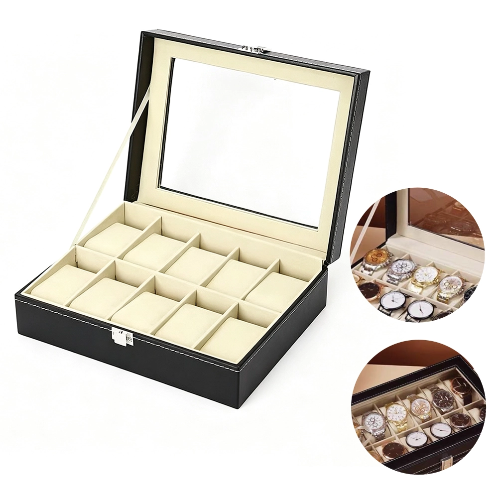 Caja de Exhibición de Relojes de Cuero, 12 Ranuras, con Ventana Transparente
