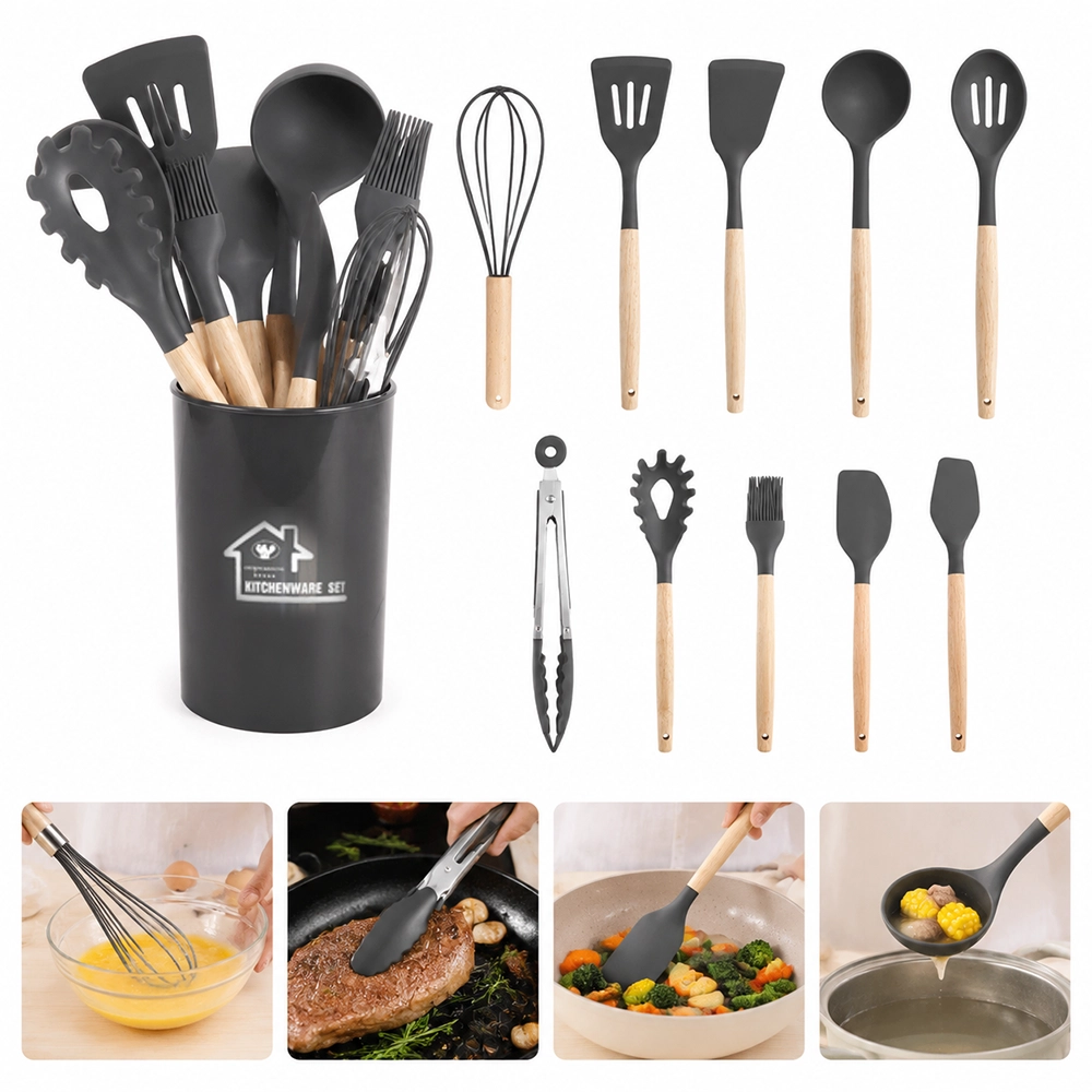 Set de 12 Utensilios de Cocina de Silicona, Grado Alimenticio, Antiadherente