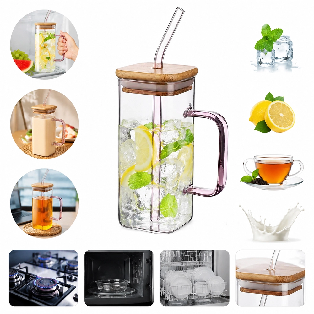 Vaso de Vidrio Borosilicato con Asa y Pajita, 400ml