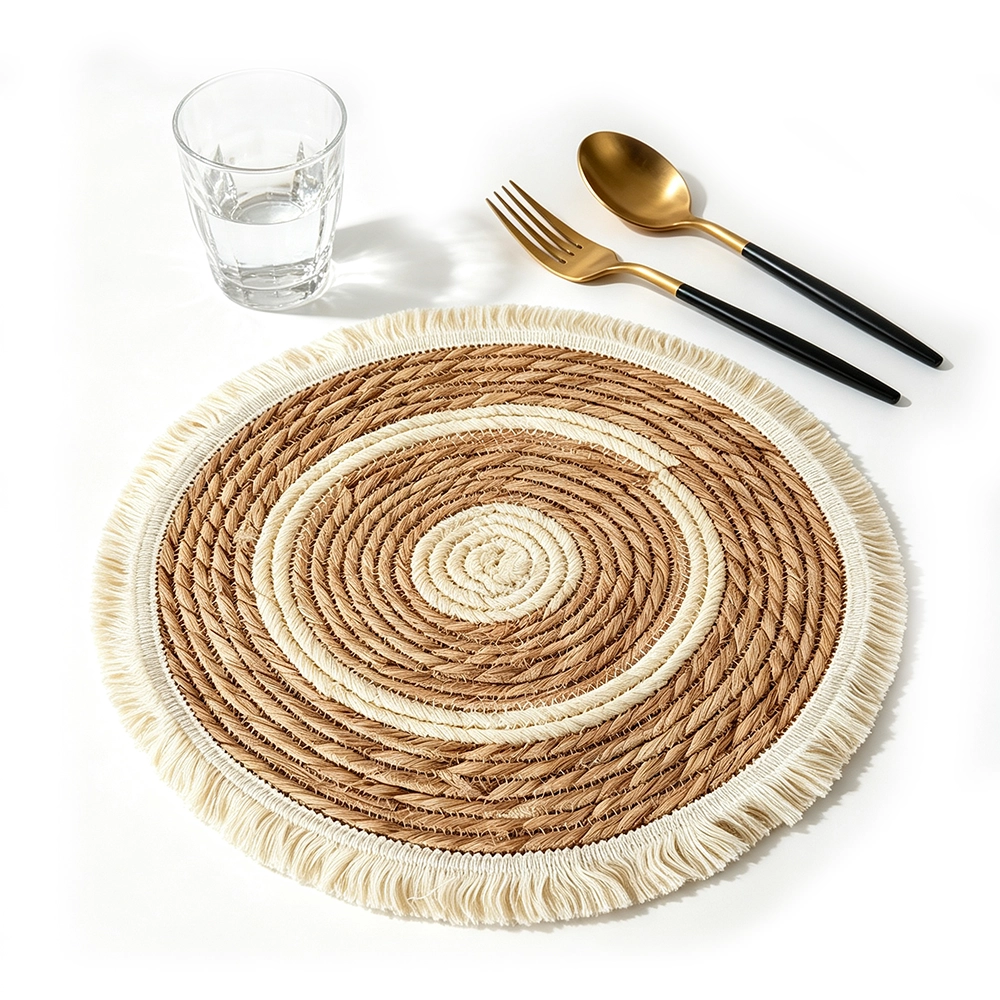 Posavasos de Paja Tejida con Borde de Flecos, Redondo, 35cm