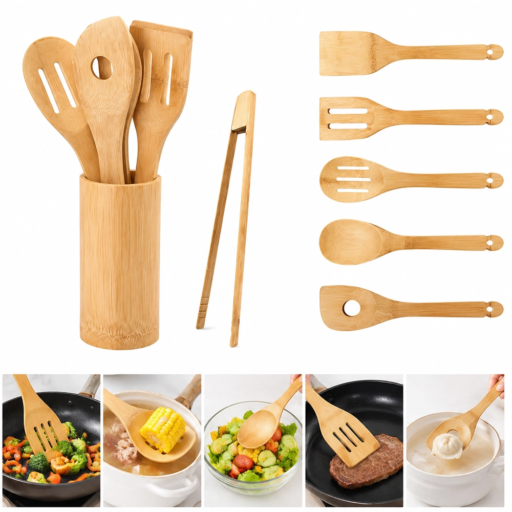 Set de Utensilios de Cocina de Bambú, 7 Piezas, 33×9×8.5cm