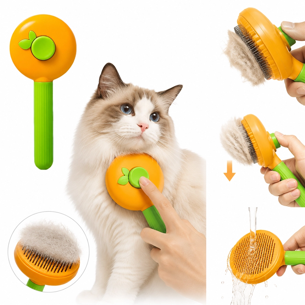 Cepillo Autolimpiante para Gato Plástico y Acero Inoxidable con Botón