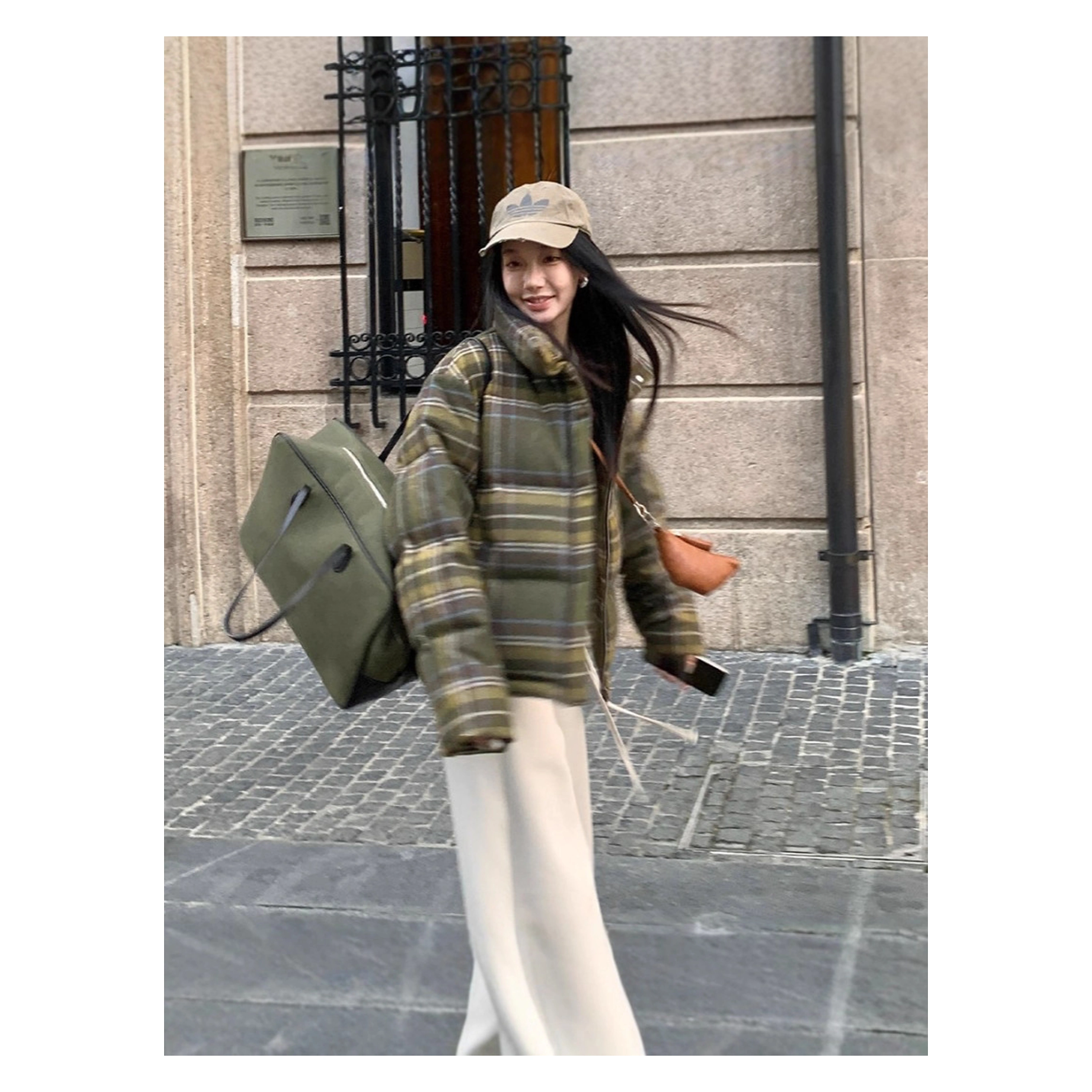 Chaqueta acolchada mujer, estampado boka, cuadros, corta, cuello alto, gruesa