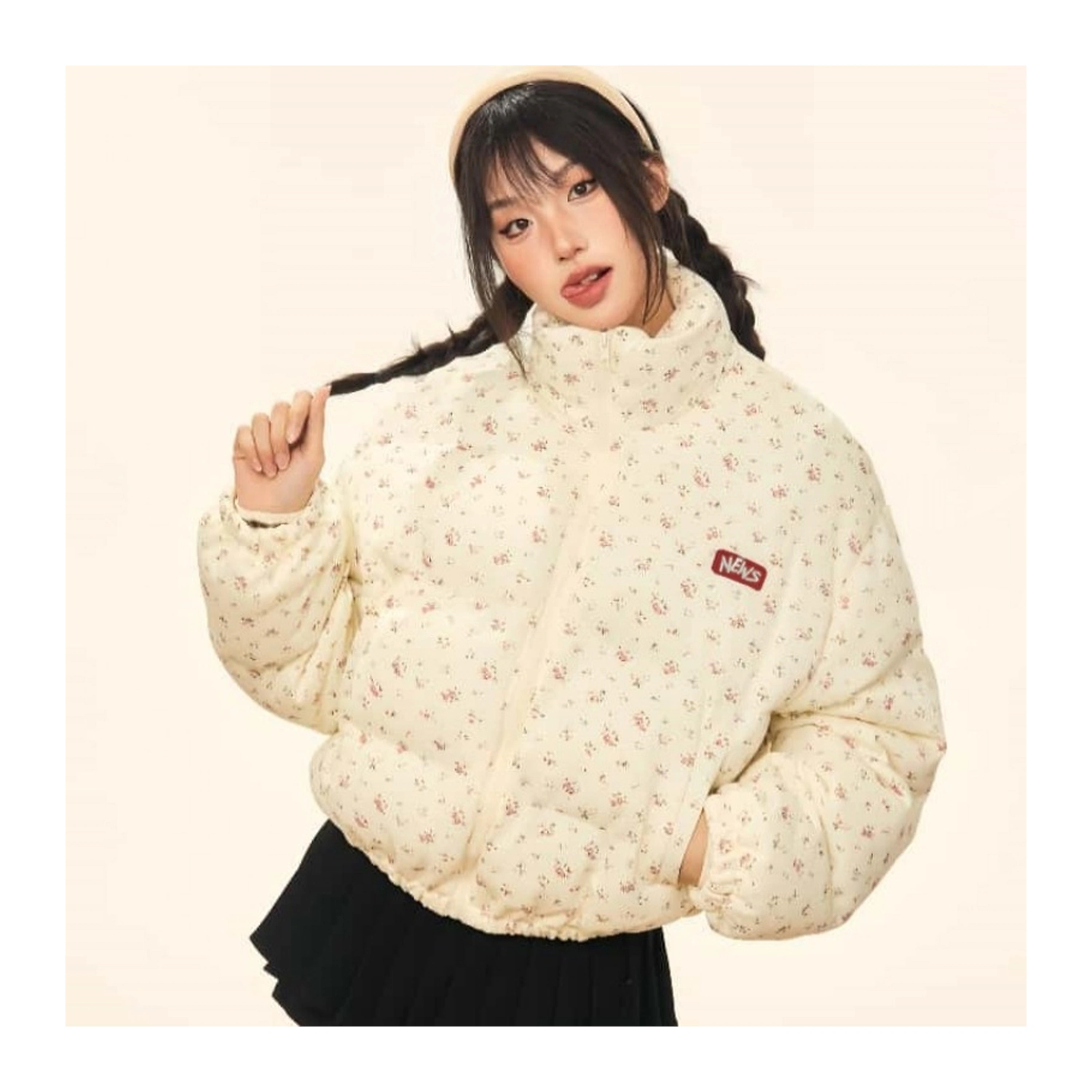 Chaqueta acolchada mujer, jacquard floral, cuello alto, corta, retro americana image 1