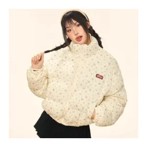 Chaqueta acolchada mujer, jacquard floral, cuello alto, corta, retro americana