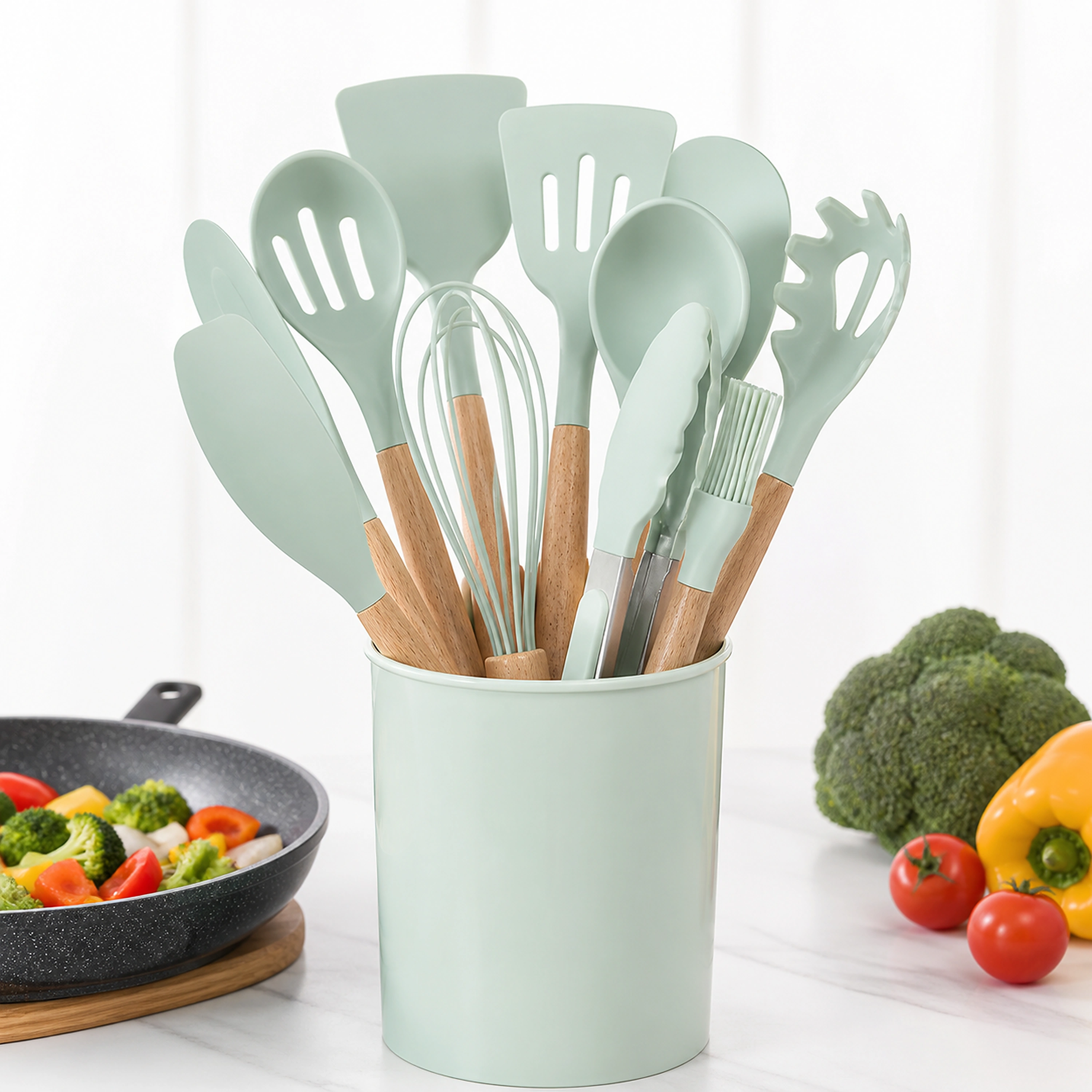 Juego de Utensilios de Silicona con Mango de Madera, 12 Piezas
