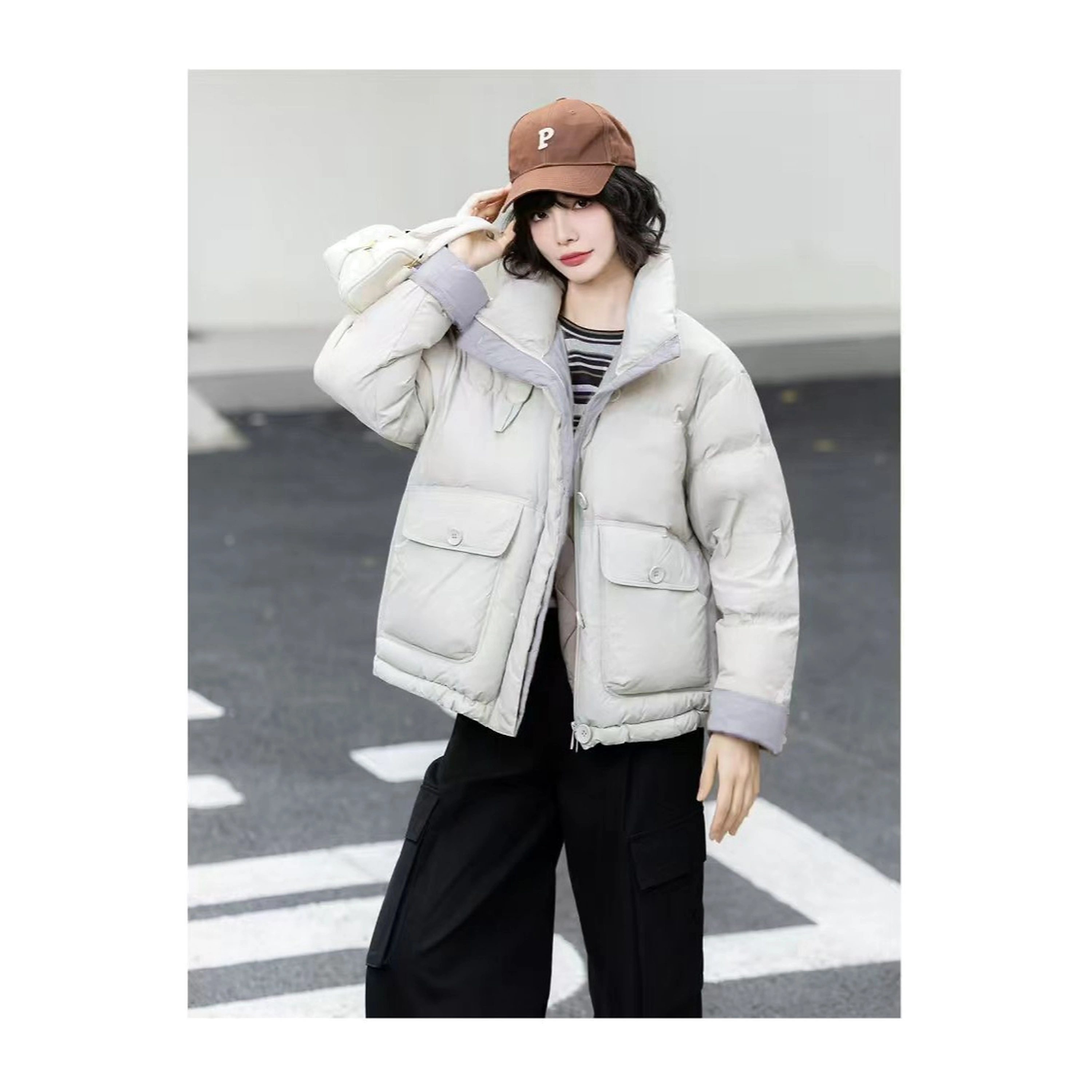 Chaqueta acolchada mujer, nailon 420D, cuello alto, holgada, casual, termica