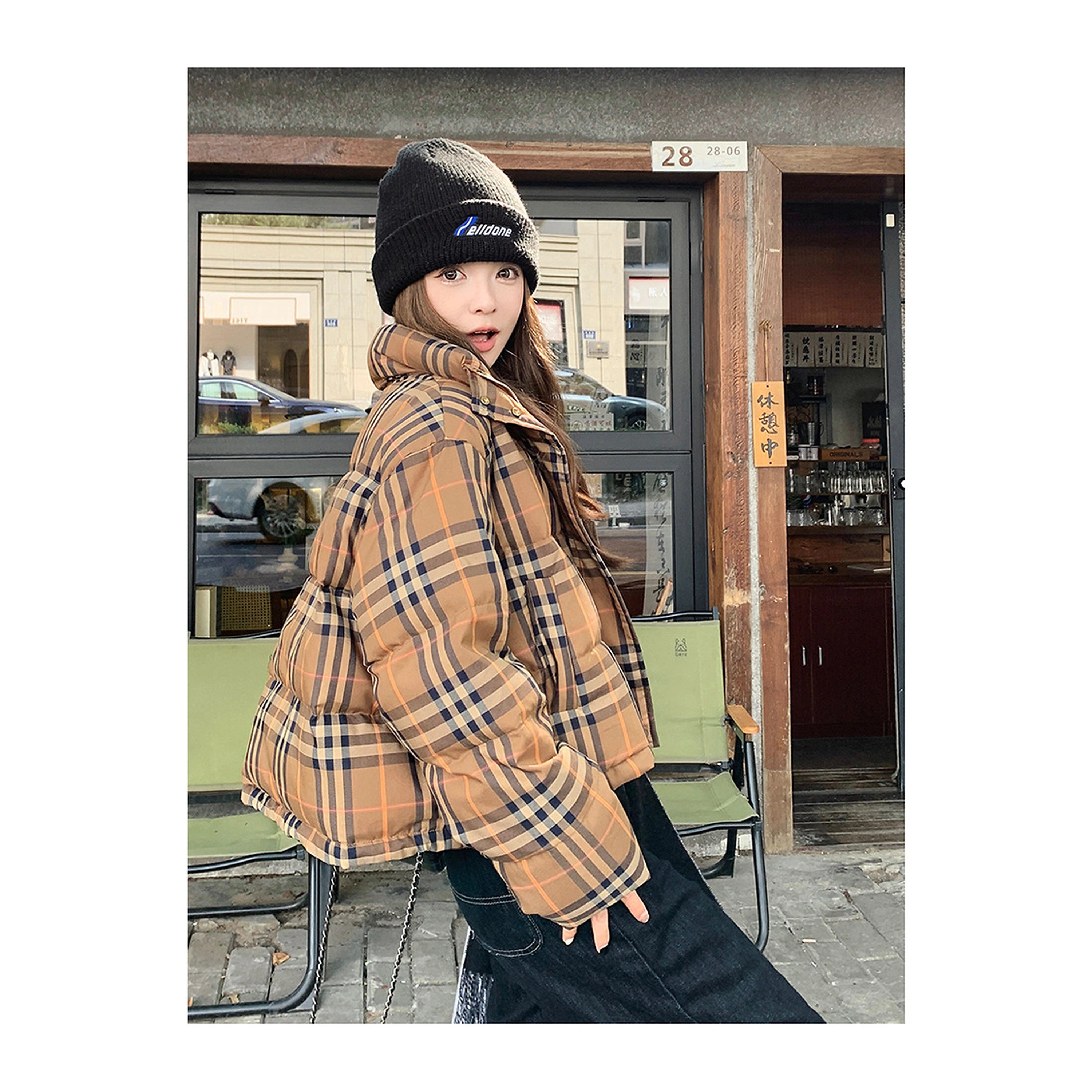 Chaqueta acolchada mujer, estampado boka, cuadros, corta, holgada, coreana, petite