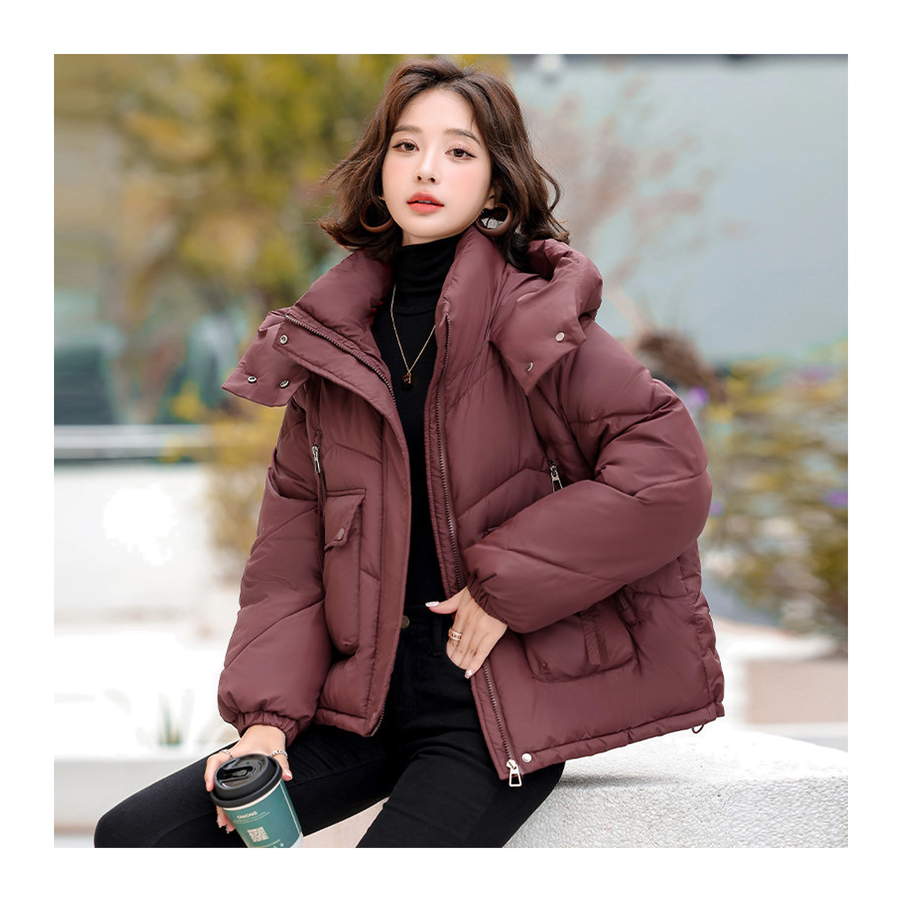 Chaqueta acolchada mujer, tela mate, corta, holgada, bolsillos grandes, europea, puffer