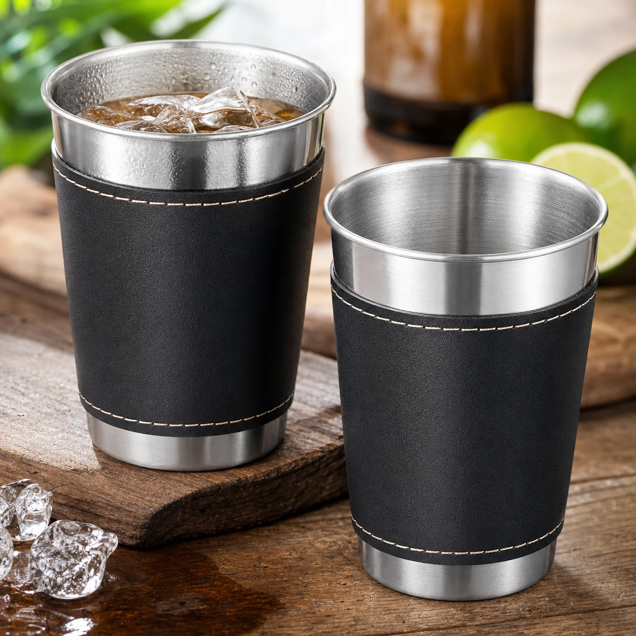 Set de Vasos de Acero Inoxidable con Funda de Cuero para Bar