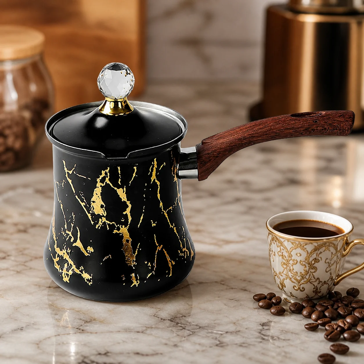 Cafetera Turca de Acero Inoxidable con Decoración Artesanal Vintage
