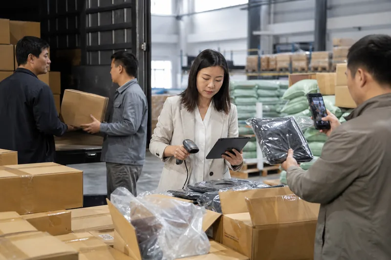 Agente de compras en China revisando mercancía de 1688 en almacén