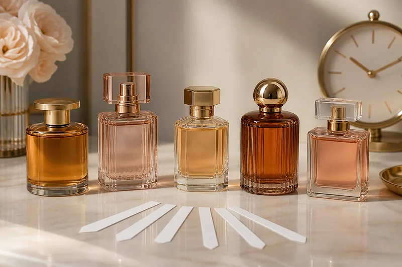 Comparación de perfumes femeninos duraderos con frascos, tiras olfativas y reloj