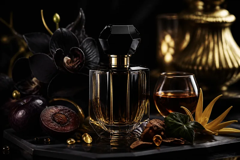 Representación editorial de Tom Ford Black Orchid Parfum con orquídea oscura, ciruela, ron y pachulí