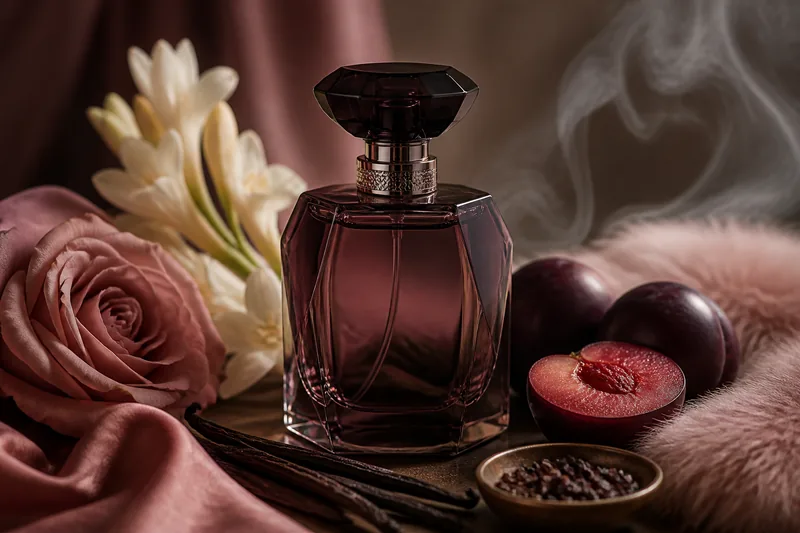 Representación editorial de Narciso Rodriguez For Her Musc Noir Rose con ciruela, tuberosa, vainilla y almizcle