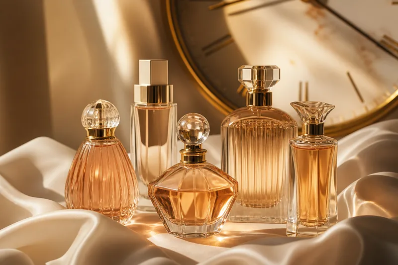 Perfumes de mujer de larga duración junto a un reloj que representa una fijación de hasta 24 horas