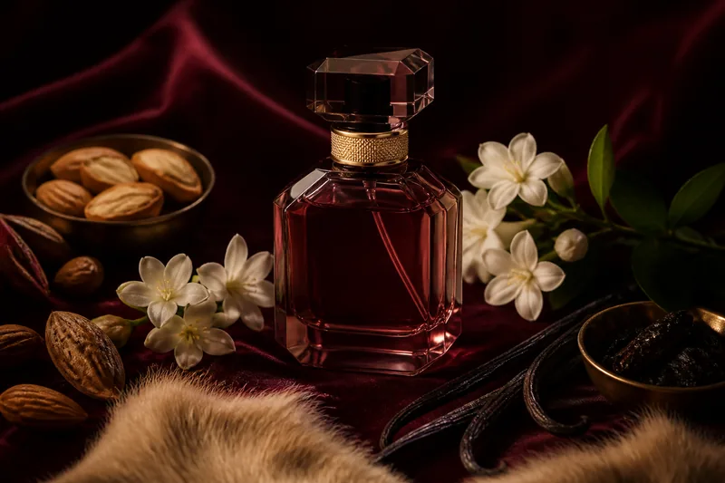 Representación editorial de Dior Hypnotic Poison Eau de Parfum con almendra amarga, jazmín, vainilla y almizcle