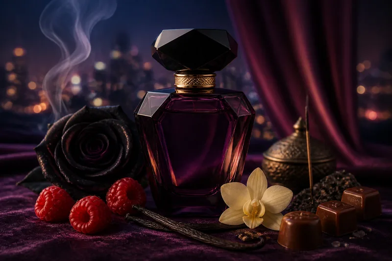 Representación editorial de Lancôme La Nuit Trésor Eau de Parfum con rosa, frambuesa, praliné, vainilla e incienso