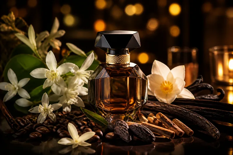 Representación editorial de YSL Black Opium Le Parfum con café, vainilla y flores blancas