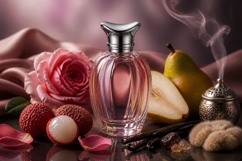 Representación editorial de Parfums de Marly Delina Exclusif con lichi, pera, rosa damascena, incienso y vainilla