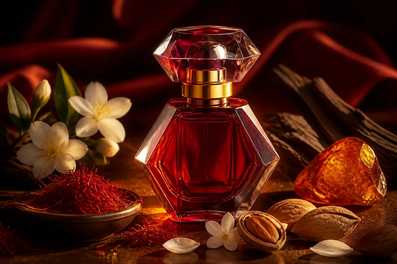 Representación editorial de Baccarat Rouge 540 Extrait con azafrán, jazmín, almendra amarga, ámbar y maderas