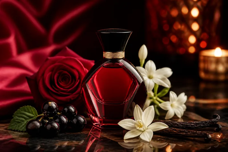 Representación editorial de Giorgio Armani Sì Passione Intense con grosella negra, jazmín, rosa y vainilla