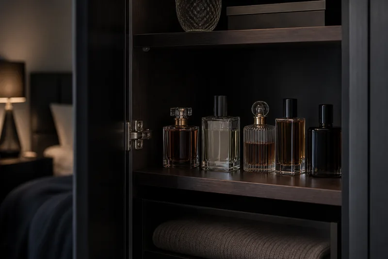 Frascos de perfume almacenados correctamente en un armario oscuro, fresco y seco