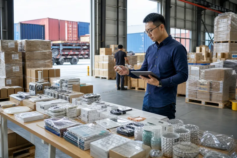 Especialista revisando productos y consolidando pedidos de proveedores mayoristas chinos en un almacén
