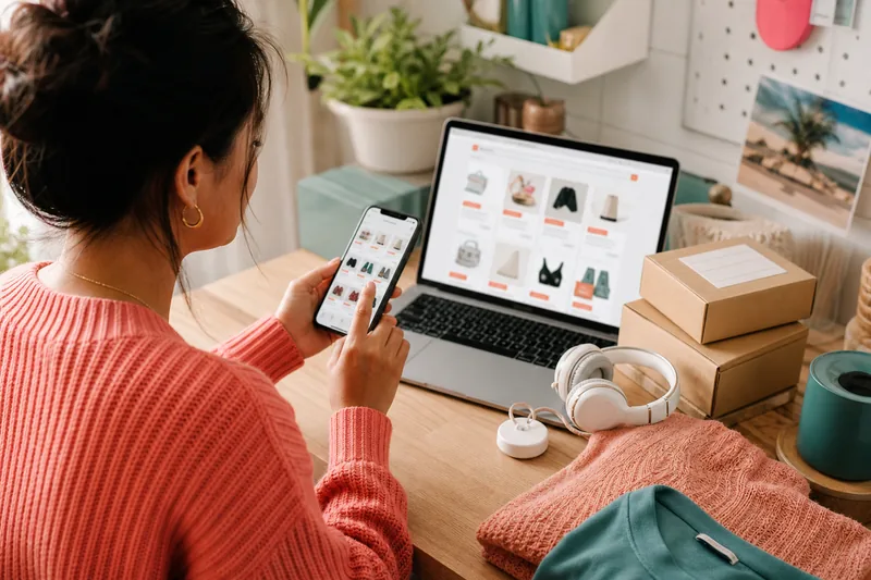 Consumidora comprando ropa, accesorios y productos minoristas en páginas web chinas desde el móvil y el ordenador