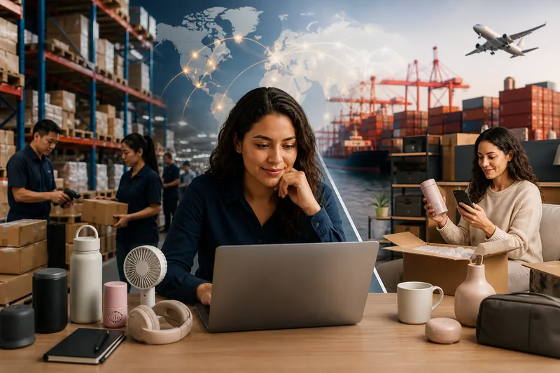 Compradora latinoamericana comparando páginas web para hacer pedidos mayoristas y minoristas desde China