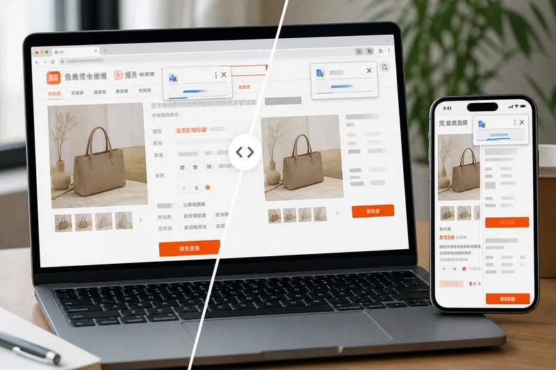 Browser and mobile translation methods for changing a Chinese 1688-style product page into English