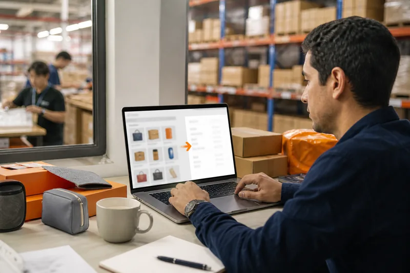 International buyer using an English-translated Chinese wholesale marketplace beside a sourcing warehouse